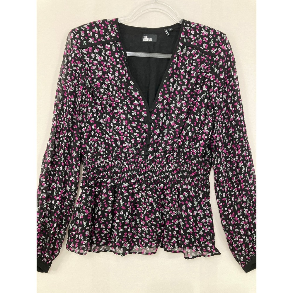 The Kooples‎ Floral Blouse size 2 Smocked Waist V-Neck Peplum Top Feminine